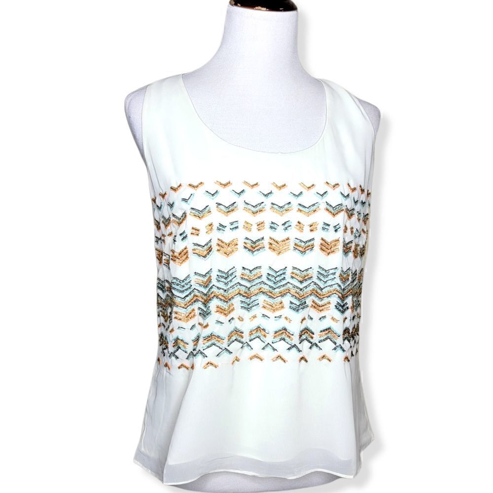 Greylin Racerback Sequin Bead Embellished Boho Tank Top Blouse White Medium